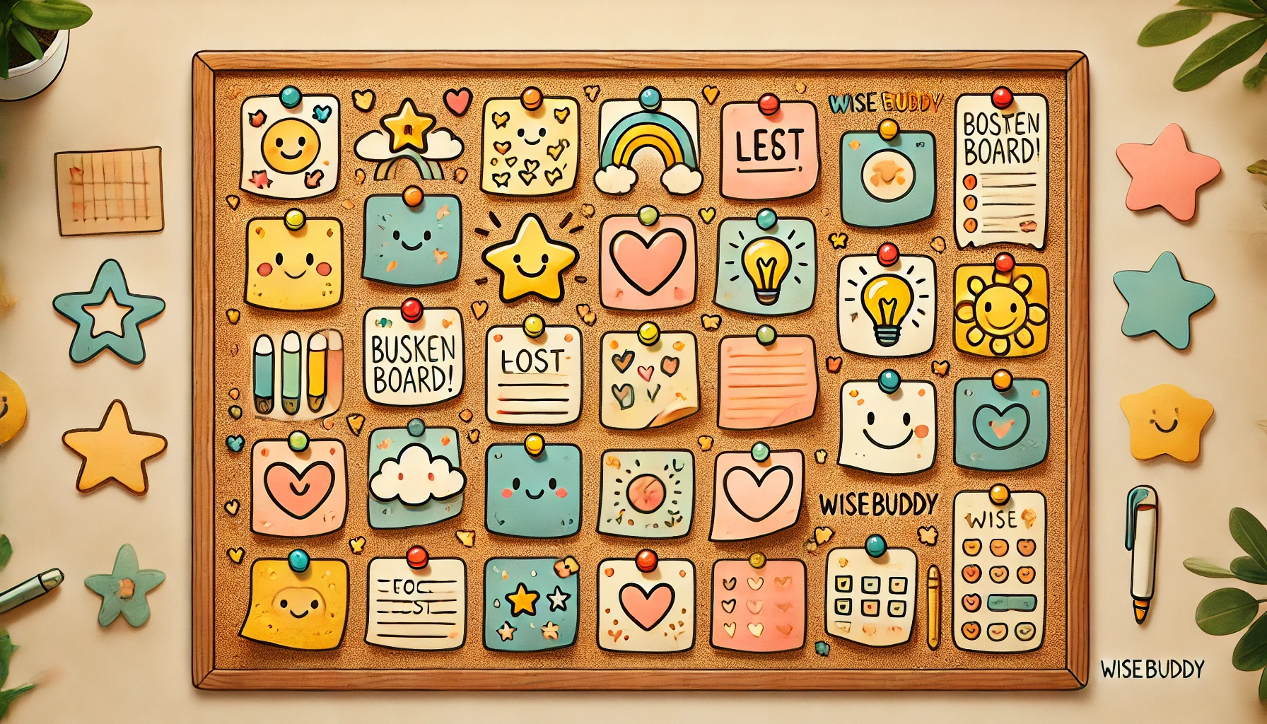 Vrolijk prikbord vol kleurrijke illustraties van notities, icoontjes en symbolen die thema’s en ideeën voorstellen.