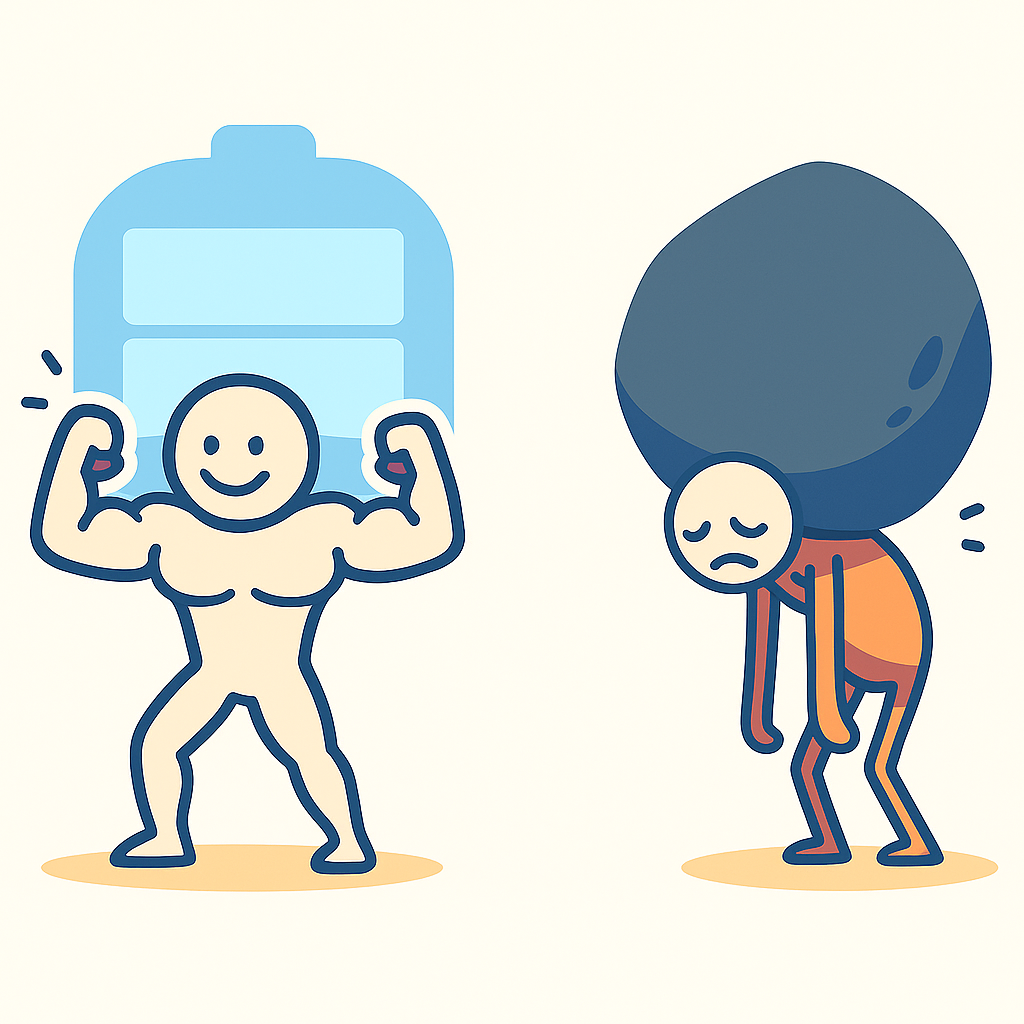 Illustratie van draagkracht en draaglast: een persoon met energie tegenover iemand die een zware last draagt, symbool voor balans en veerkracht.