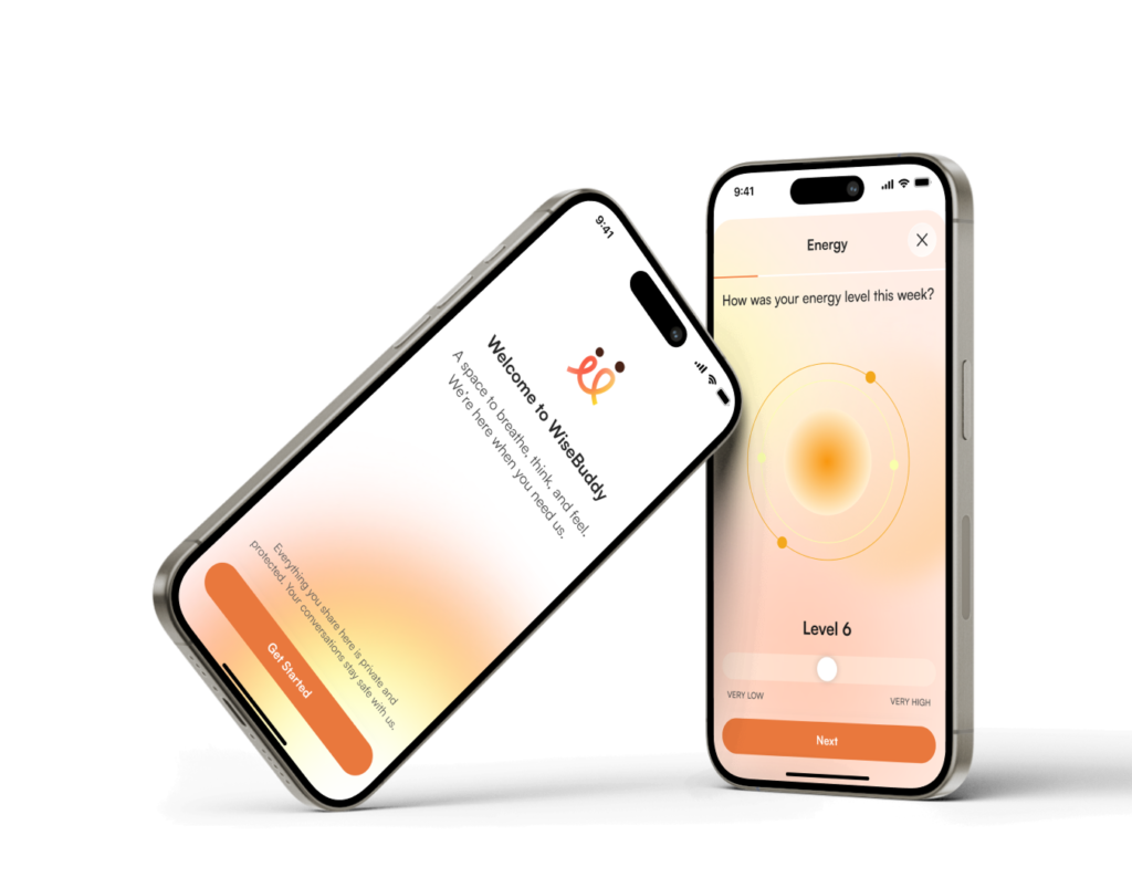 WiseBuddy app schermen die laten zien hoe een gesprek en reflectie werken
