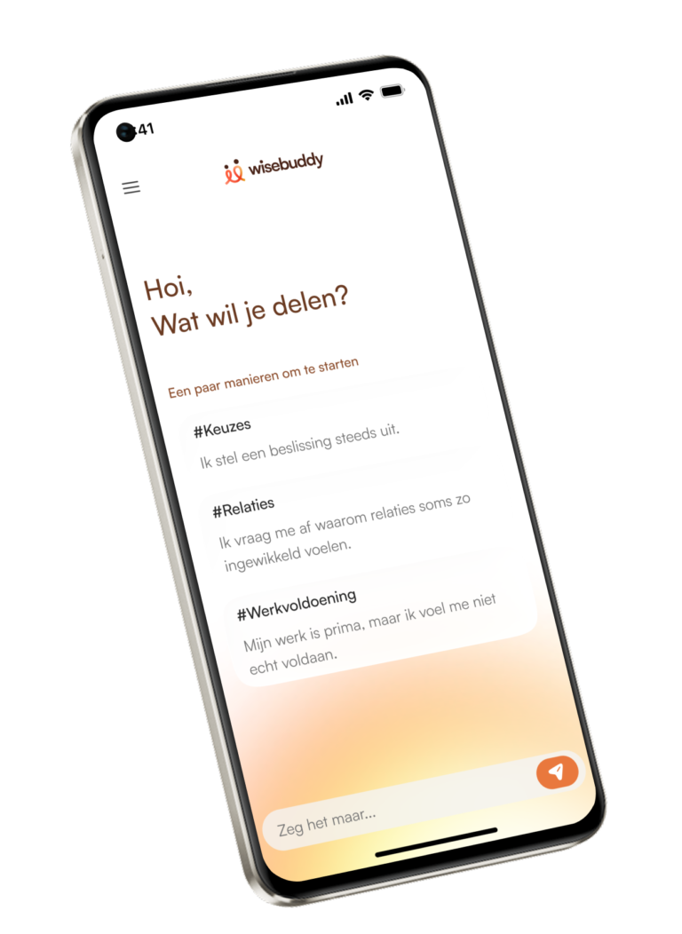 Smartphone met de WiseBuddy app waarin een gesprek gestart kan worden om gedachten te ordenen